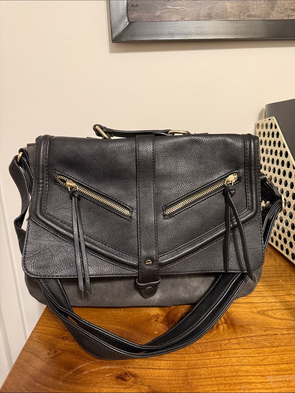 Black Women's Leather Messenger Bag with Gold Hardware